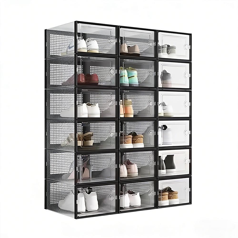 Sneaker Case - กล่องเก็บรองเท้าพลาสติกใส 12 แพ็ค พร้อมประตูเปิดด้านหน้า, กล่องจัดระเบียบรองเท้าแบบระบายอากาศที่สามารถวางซ้อนกันได้, กล่องโชว์รองเท้าผ้าใบแบบพับได้สำหรับตู้เสื้อผ้าในห้องนอน
