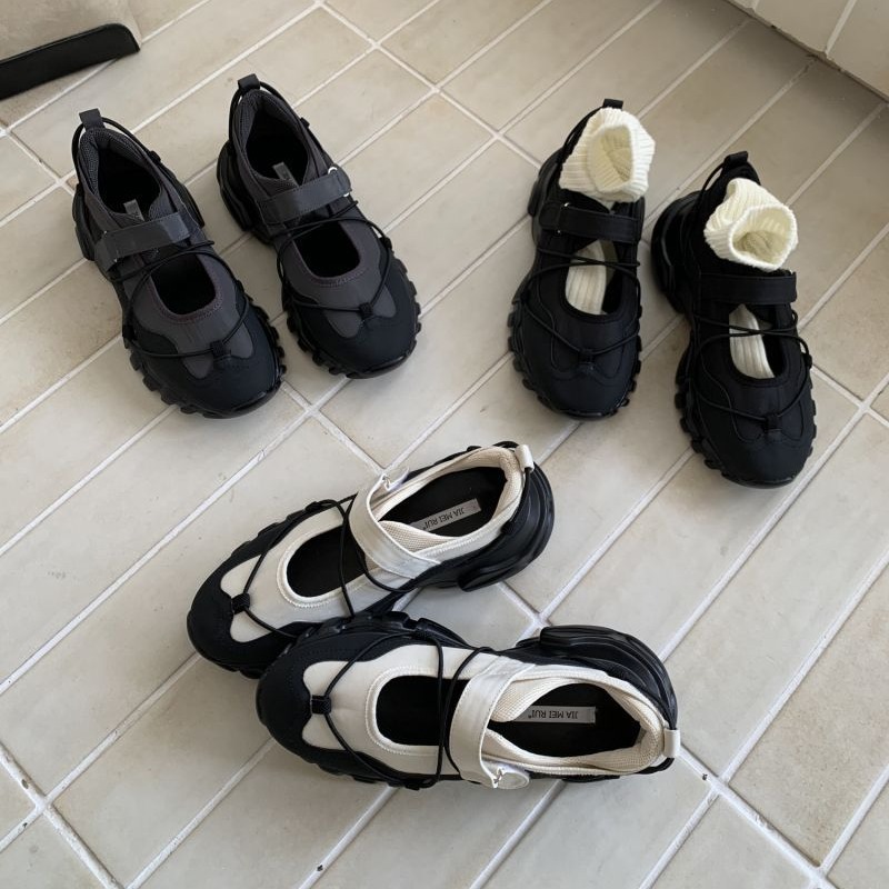 Sneakers Care - รองเท้าแมรี่เจนแบบสปอร์ตทรงหนาสำหรับผู้หญิง สายรัดเวลโครปรับได้สองสี รองเท้าผ้าใบลำลองแบบผูกเชือก